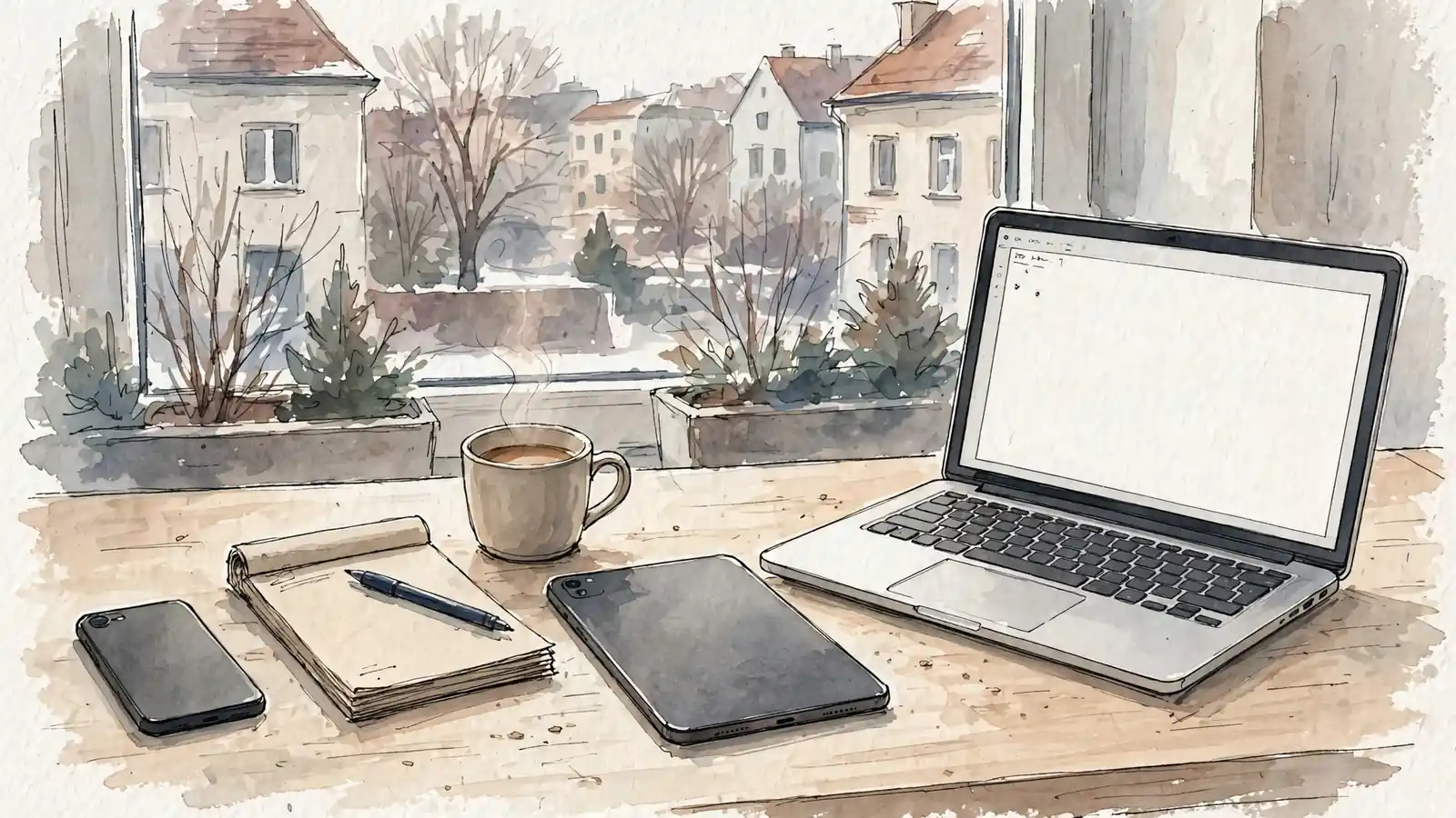 Telefon, tablet i laptop obok siebie na biurku z białym dokumentem na ekranie.